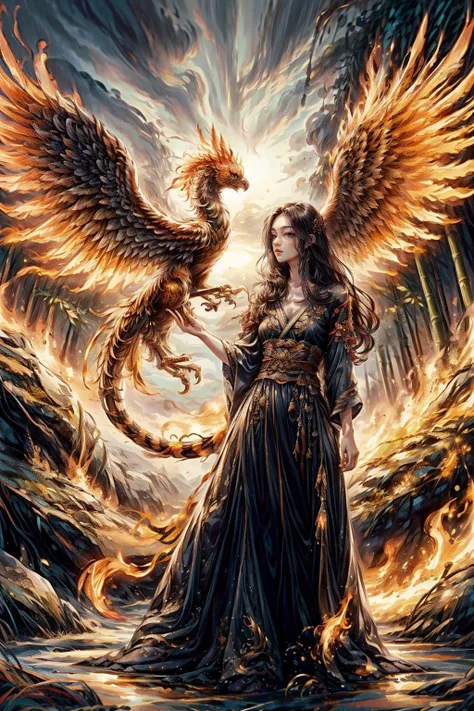1girl wearing a long dress rides on a tiger's back,in the background is a flying fire phoenix,(Phoenix of Sora:1.2),bamboo forest,hanfu,<lora:PhoenixSora:0.6>,
very long hair,sword,wide_shot,<lora:add_detail:0.8>,
mythology,fantasy,drama,dreams,detail,<lora:GPTS4 dreamwave full_478773:0.3>,<lora:GoodHands-beta2:0.9>,<lora:cn_girl-000002:0.7>,