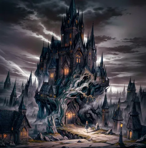 highly detailed illustration of a dark fantasy landscape at night time with fog, crumbling stone tower, twisted glowing white tree, shadows of crumbling stone keep with one small window, foggy background, dark gothic fantasy, haunted surrealism, medieval ruins, elden ring, foggy mysterious night, lord of the rings <lora:add_detail:0.7>