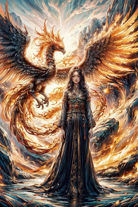 A girl wearing a long dress and a fire phoenix walked through a giant stone gate,(Phoenix of Sora:1.2),in front were enemies waiting for them,a bamboo forest,hanfu,<lora:PhoenixSora:0.6>,
very long hair,sword,wide_shot,<lora:add_detail:0.6>,
mythology,fantasy,drama,dreams,detail,<lora:GPTS4 dreamwave full_478773:0.4>,<lora:GoodHands-beta2:0.9>,<lora:cn_girl-000002:0.6>,