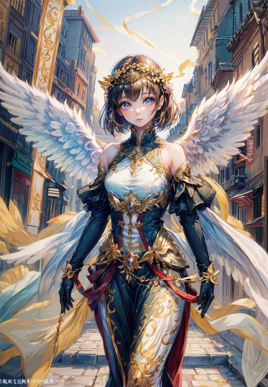 realistic,photorealistic,masterpiece,best quality,1girl,solo,(standing in street),looking at viewer,((an extremely delicate and beautiful)),(beautiful detailed eyes),(angel),young girls,bare_shoulders,wings,Floating white silk,