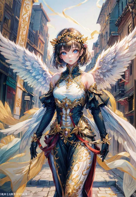 realistic,photorealistic,masterpiece,best quality,1girl,solo,(standing in street),looking at viewer,((an extremely delicate and beautiful)),(beautiful detailed eyes),(angel),young girls,bare_shoulders,wings,Floating white silk,
