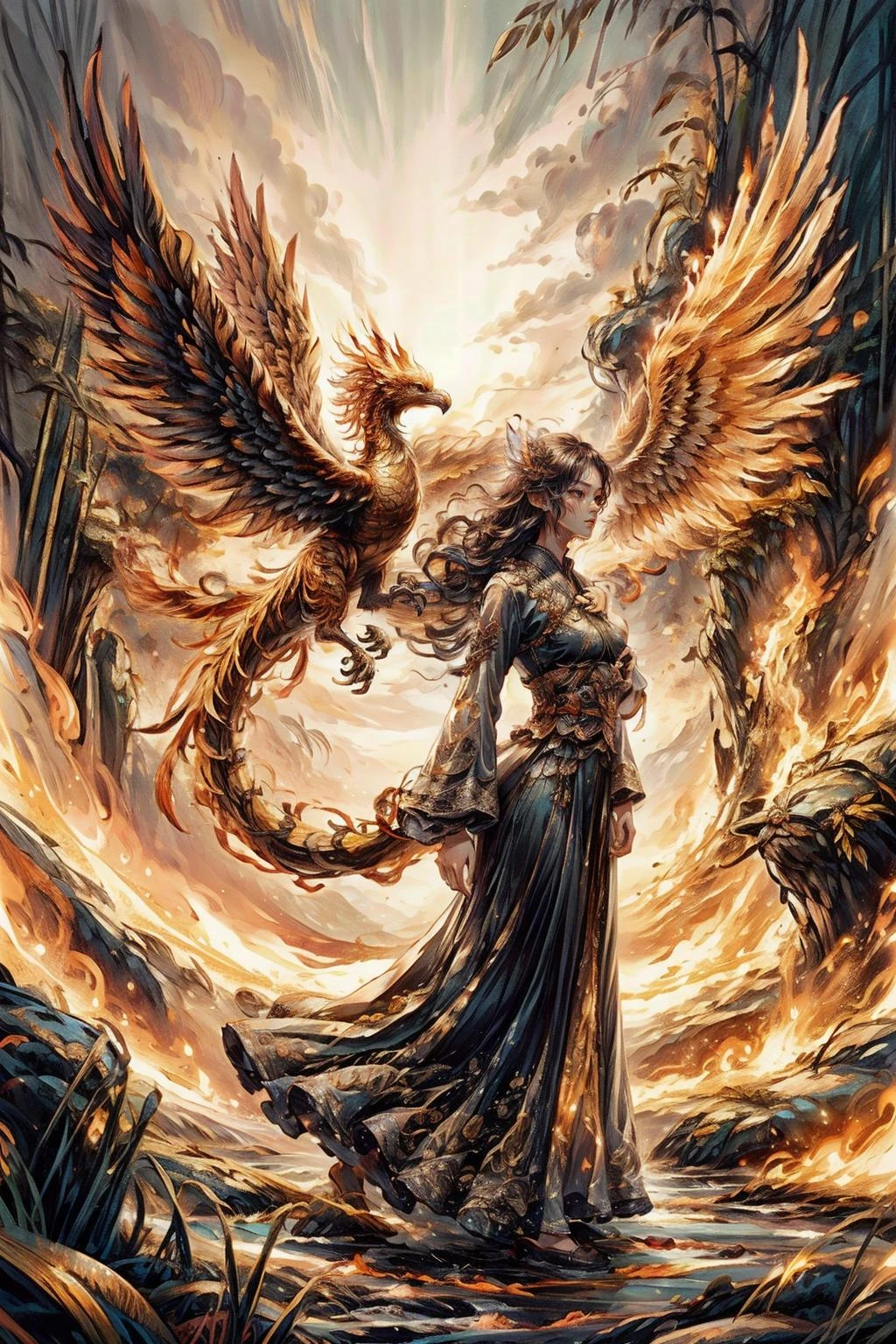 1girl wearing a long dress rides on a tiger's back,in the background is a flying fire phoenix,(Phoenix of Sora:1.2),bamboo forest,hanfu,<lora:PhoenixSora:0.6>,
very long hair,sword,wide_shot,<lora:add_detail:0.6>,
mythology,fantasy,drama,dreams,detail,<lora:GPTS4 dreamwave full_478773:0.4>,<lora:GoodHands-beta2:0.9>,<lora:cn_girl-000002:0.6>,