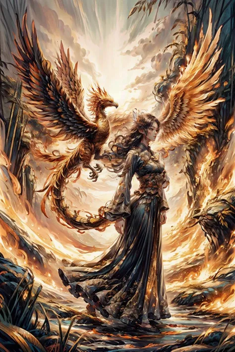 1girl wearing a long dress rides on a tiger's back,in the background is a flying fire phoenix,(Phoenix of Sora:1.2),bamboo forest,hanfu,<lora:PhoenixSora:0.6>,
very long hair,sword,wide_shot,<lora:add_detail:0.6>,
mythology,fantasy,drama,dreams,detail,<lora:GPTS4 dreamwave full_478773:0.4>,<lora:GoodHands-beta2:0.9>,<lora:cn_girl-000002:0.6>,