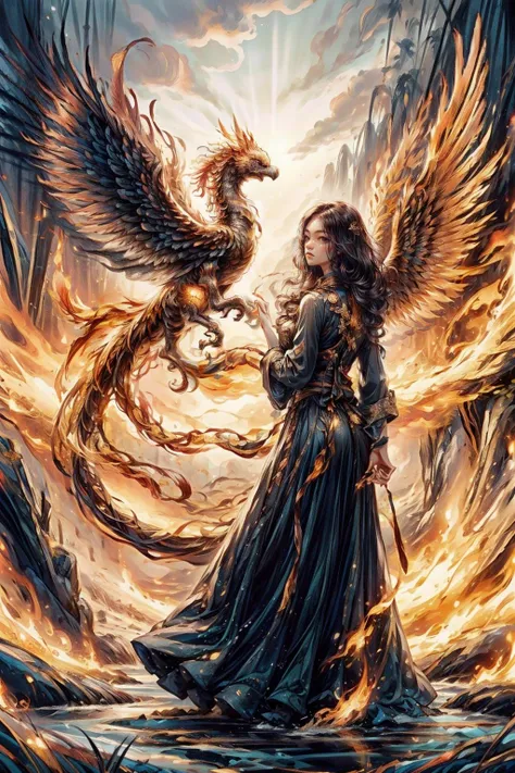1girl wearing a long dress rides on a tiger's back,in the background is a flying fire phoenix,(Phoenix of Sora:1.2),bamboo forest,hanfu,<lora:PhoenixSora:0.6>,
very long hair,sword,wide_shot,<lora:add_detail:0.6>,
mythology,fantasy,drama,dreams,detail,<lora:GPTS4 dreamwave full_478773:0.4>,<lora:GoodHands-beta2:0.9>,<lora:cn_girl-000002:0.6>,