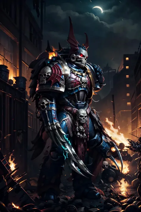 8K masterpiece, detailed, realistic, digital art, octane render, trending on artstation, horror theme, mono lighting, ((red lighting:1.2)), cowboy shot,
tall stature, (night lord),
battle aged, ((solo:1.5)), damaged helmet, winged helmet, SKULL ORNAMENT, SPIKE ORNAMENT, ragged armor,
full armor, pauldron, (multiple bat_wings:1.2), HELMET REMOVED, blood, flame, ((glowing claws:1.2)), claw (weapon),
holding dismembered human body part, death, dead bodies, carcass, bloody face,
<lora:Night Lords MK1 by CARAXES:0.8>