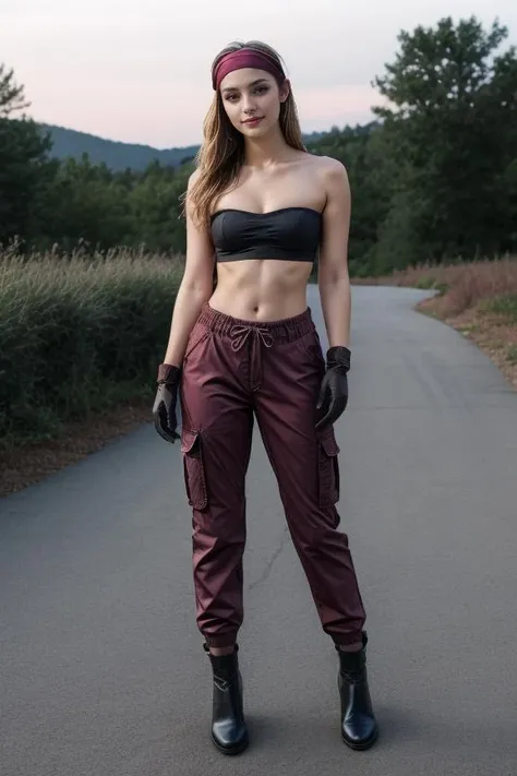 1 woman, beautiful, detailed, realistic, full body shot, scenic view, <lora:DETAIL_SLIDER_BY_STABLE_YOGI:0.8> <lora:NOISEOFFSET_BY_STABLE_YOGI:0.8>
<lora:Bandeau Cargo Pants By Stable Yogi:0.8> maroon bandeau, cargo pants, gloves, hairband