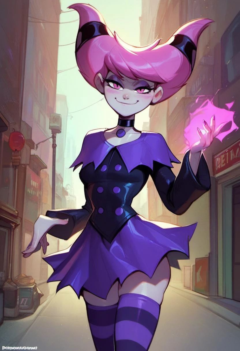 zPDXL, zPDXLxxx, score_9, score_8_up, score_7_up, score_6_up, score_5_up, score_4_up, BREAK <lora:Jinx_DC_for_PonyXL:0.9>, jinx \(dc\), 1girl, solo, striped clothes, thighhighs, standing, pantyhose, striped thighhighs, twintails, choker, dress, closed mouth, short hair, collar, street, smug smile, looking at viewer, combat stance, purple hand aura