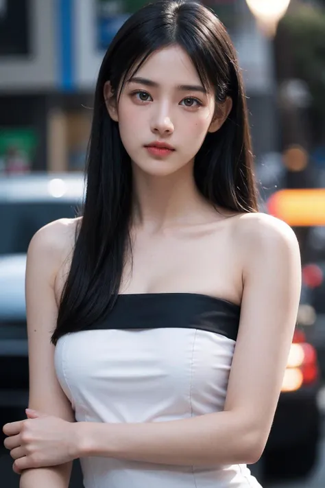 cinematic photo 1girl,breasts,brown eyes,(black long straight hair:1.2),collarbone,(upper body:1.2),(large breasts:1.4),looking at viewer,8k uhd,dslr,soft lighting,high quality,film grain,Fujifilm XT3,outdoors,photorealistic,realistic,solo,upper body,richly defined face,dewy skin,products shot,(high detailed skin:1.2),detailed face and eyes,natural skin texture,highly detailed skin,textured skin,skin pores,imperfect skin,visible skin detail,detailed skin texture,shirt,(dress:1.4),<lora:Tissue_NewJeans_Minji_2.0:0.5>,