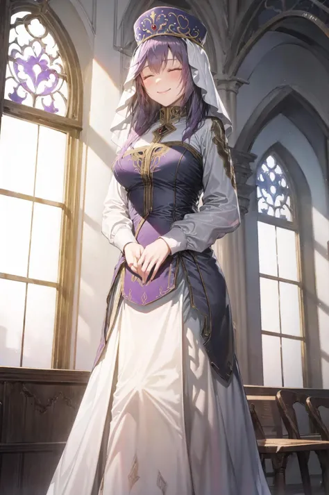 big smile,standing,closed eyes, <lora:eremiyaV3:1>,eremiya,dress, looking at viewer, long dress, long sleeves, boots, breasts, medium breasts, brown footwear, long skirt,chapel,(masterpiece, best quality, ultra-detailed, best shadow)