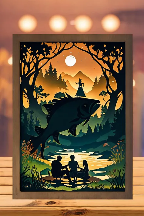 <lora:PaperCuttingLight:0.9>, (Paper Cutting:1.3), (ultra realistic, 32k, RAW photo, high detailed skin:1.1) (masterpiece, best quality:1.5),man and woman couple, standing next to each other, sitting on the grass, sticking their feet in the water, river, forest, fish, moonlight,