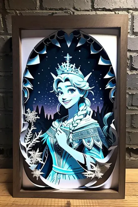 <lora:PaperCuttingLight:0.9>, (Paper Cutting:1.3), (ultra realistic, 32k, RAW photo, highly detailed face, high detailed skin:1.1), (masterpiece, best quality:1.5), The Blue Lagoon, Iceland, Snowy forest.
<lora:elsa_of_arendelle_v1:0.1> elsa of arendelle, elsa of arendelle, smile, purple cloak, tiara, blue ice dress, single braid, nightgown, dark cape, snowflake_pattern