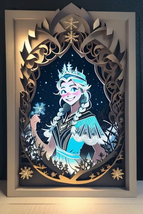 <lora:PaperCuttingLight:0.9>, (Paper Cutting:1.3), (ultra realistic, 32k, RAW photo, highly detailed face, high detailed skin:1.1), (masterpiece, best quality:1.5), The Blue Lagoon, Iceland, Snowy forest. 
<lora:elsa_of_arendelle_v1:0.05> elsa of arendelle, elsa of arendelle, smile, purple cloak, tiara, blue ice dress, single braid, nightgown, dark cape, snowflake_pattern