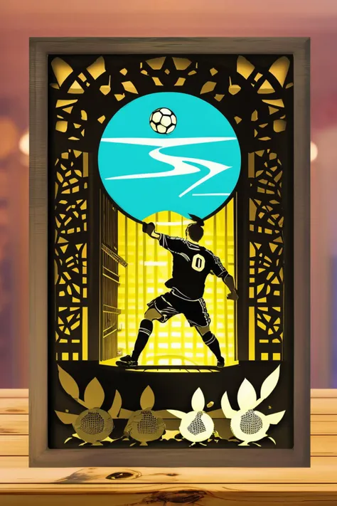 <lora:PaperCuttingLight:0.9>, (Paper Cutting:1.3), (ultra realistic, 32k, RAW photo, high detailed skin:1.1) (masterpiece, best quality:1.5),soccer player, tossing ball, goal, goalkeeper,