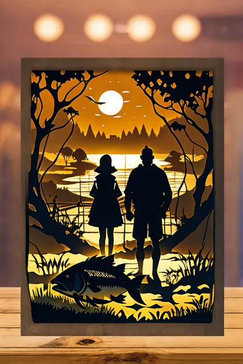 <lora:PaperCuttingLight:0.9>, (Paper Cutting:1.3), (ultra realistic, 32k, RAW photo, high detailed skin:1.1) (masterpiece, best quality:1.5),man and woman couple, standing next to each other, sitting on the grass, sticking their feet in the water, river, forest, fish, moonlight,