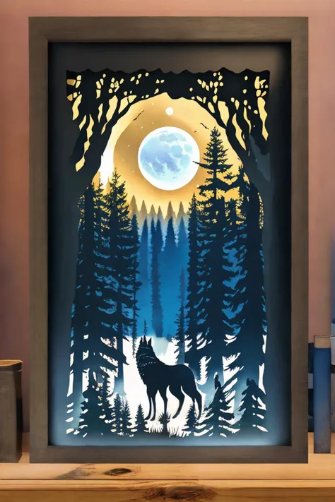 <lora:PaperCuttingLight:0.9>, (Paper Cutting:1.3), (ultra realistic, 32k, RAW photo, high detailed skin:1.1) (masterpiece, best quality:1.5),wolf, pine forest, moonlight,