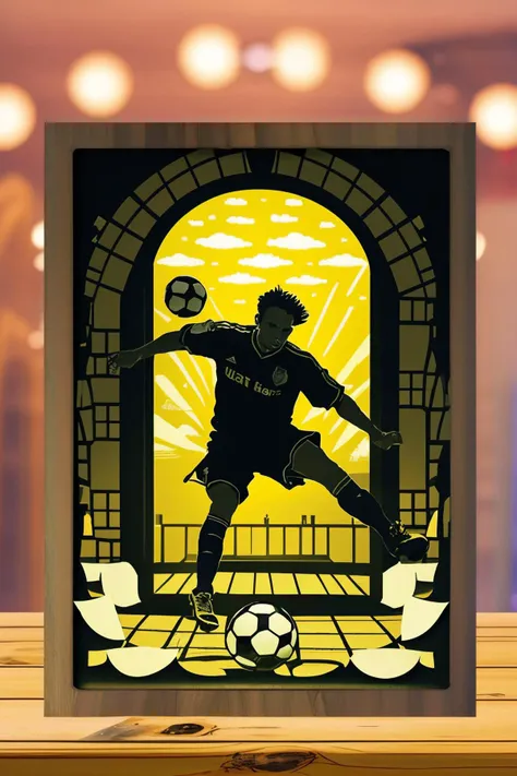 <lora:PaperCuttingLight:0.9>, (Paper Cutting:1.3), (ultra realistic, 32k, RAW photo, high detailed skin:1.1) (masterpiece, best quality:1.5),soccer player, tossing ball, goal, goalkeeper,