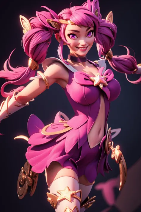 <lora:star_guardian_Lux:0.8>, star_guardian_Lux, solo, (masterpiece, best quality, absurdres, detailed, ultra-detailed:1.3),
tits, thighhighs, smile, gloves, sky, stars, smile, looking at viewer, pink eyes, twin tails,