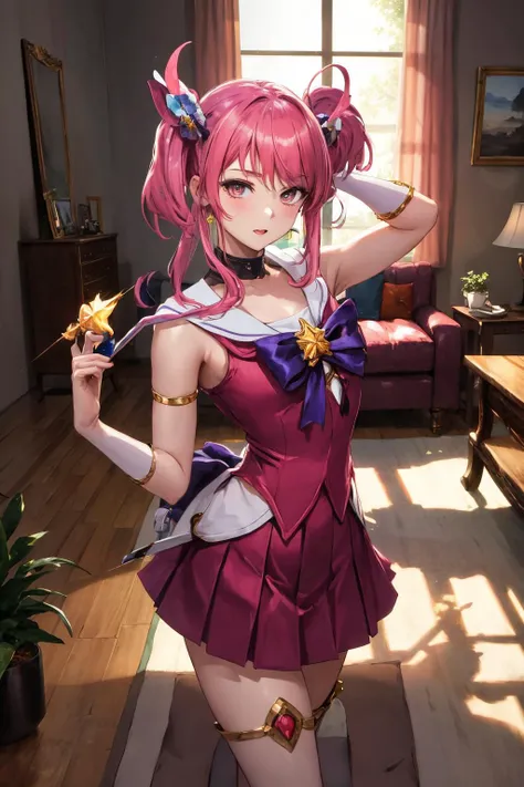 (best quality), (masterpiece),(ultra-detailed:1.2),ultra high res,cowboy shot, 
<lora:star_guardian_Lux:0.8>, star_guardian_Lux, solo, smile,  indoor, living room, couch