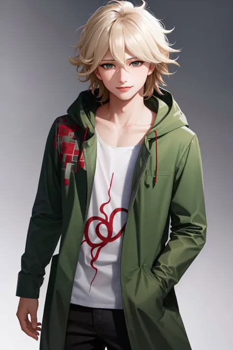 (masterpiece, best quality:1.2), <lyco:danganronpa2_komaeda-10:1.0>, cowboy shot, solo, male focus, 1boy, komaeda nagito, smile, looking at viewer, grey eyes, open clothes, green jacket, hood down, long sleeves, print shirt, black pants, collarbone