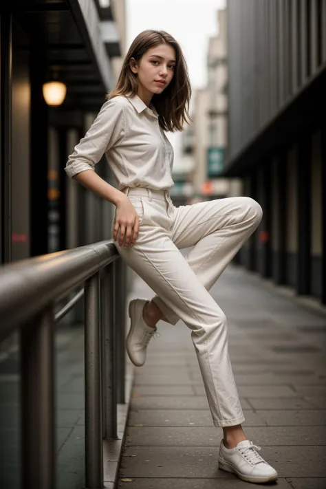 photo of a 18 year old girl,happy,leaning against the handrail,shirt,pants,ray tracing,detail shadow,shot on Fujifilm X-T4,85mm f1.2,sharp focus,depth of field,blurry background,bokeh,motion blur,<lora:add_detail:1>,<lora:LCM_LoRA_Weights_SD15:1>,