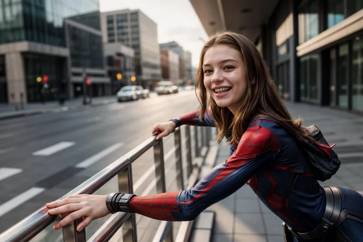Marvel s,photo of a 18 year old girl,spiderman,happy,laughing,leaning against the handrail,looking at viewer,ray tracing,detail shadow,shot on Fujifilm X-T4,85mm f1.2,sharp focus,depth of field,blurry background,blurry foreground,bokeh,lens flare,motion blur,<lora:add_detail:1>,