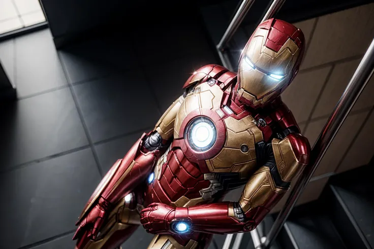 Marvel s,full body,from above,photo of ironman,happy,leaning against the handrail,ray tracing,detail shadow,shot on Fujifilm X-T4,85mm f1.2,sharp focus,depth of field,blurry background,blurry foreground,bokeh,lens flare,motion blur,<lora:add_detail:1>,