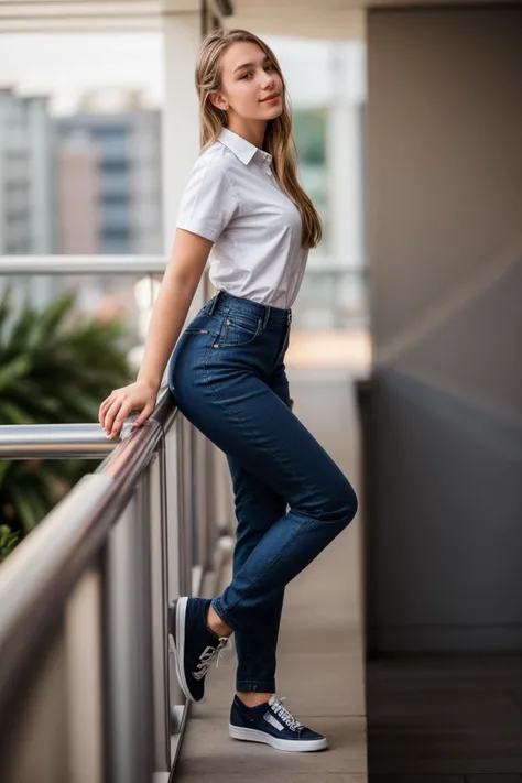 full body,photo of a 18 year old girl,leaning against the handrail,happy,shirt,pants,ray tracing,detail shadow,shot on Fujifilm X-T4,85mm f1.2,sharp focus,depth of field,blurry background,blurry foreground,bokeh,lens flare,motion blur,<lora:add_detail:1>,