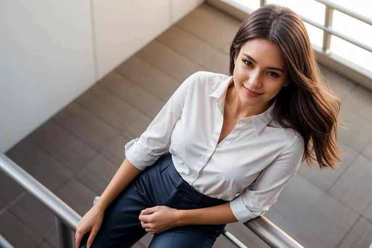 full body,from above,photo of a woman,happy,leaning against the handrail,shirt,pants,ray tracing,detail shadow,shot on Fujifilm X-T4,85mm f1.2,sharp focus,depth of field,blurry background,blurry foreground,bokeh,lens flare,motion blur,<lora:add_detail:1>,