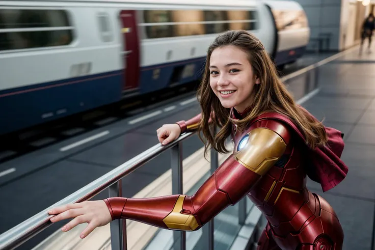 Marvel s,photo of a 18 year old girl,ironman,happy,laughing,leaning against the handrail,looking at viewer,ray tracing,detail shadow,shot on Fujifilm X-T4,85mm f1.2,sharp focus,depth of field,blurry background,blurry foreground,bokeh,lens flare,motion blur,<lora:add_detail:1>,