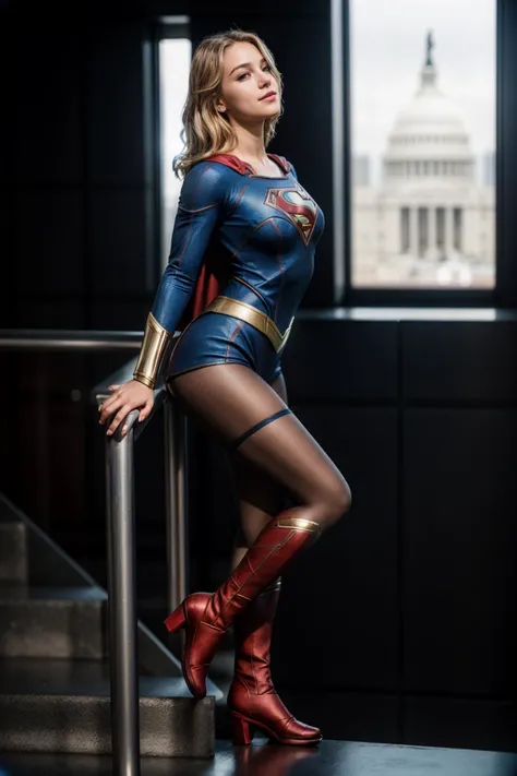 DC s,full body,photo of a 18 year old girl,supergirl,leaning against the handrail,happy,looking at viewer,ray tracing,detail shadow,shot on Fujifilm X-T4,85mm f1.2,sharp focus,depth of field,blurry background,blurry foreground,bokeh,lens flare,motion blur,<lora:add_detail:1>,