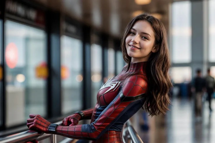 Marvel s,photo of a 18 year old girl,spiderman,happy,leaning against the handrail,in a airport,ray tracing,detail shadow,shot on Fujifilm X-T4,85mm f1.2,sharp focus,depth of field,blurry background,bokeh,motion blur,<lora:add_detail:1>,