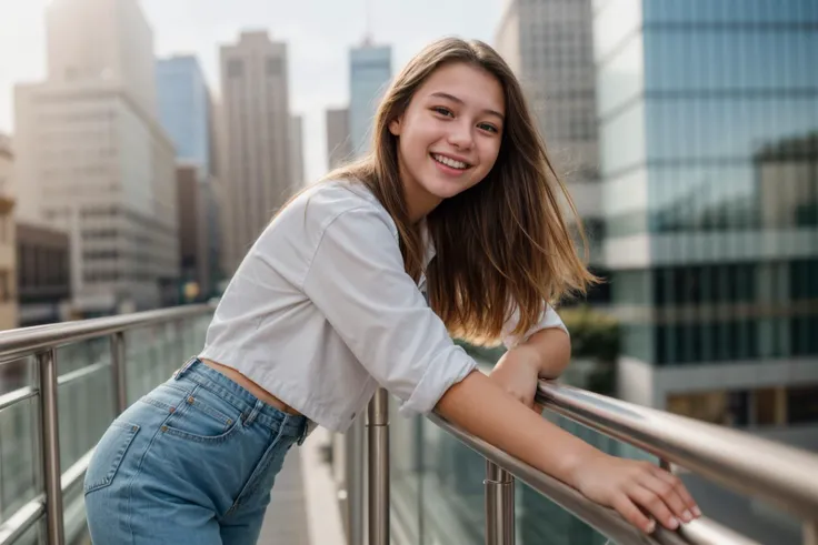 photo of a 18 year old girl,happy,laughing,leaning against the handrail,looking at viewer,ray tracing,detail shadow,shot on Fujifilm X-T4,85mm f1.2,sharp focus,depth of field,blurry background,blurry foreground,bokeh,lens flare,motion blur,<lora:add_detail:1>,