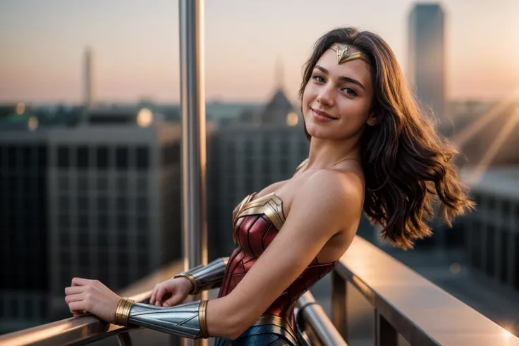 DC s,photo of a 18 year old girl,wonder woman,happy,leaning against the handrail,ray tracing,detail shadow,shot on Fujifilm X-T4,85mm f1.2,sharp focus,depth of field,blurry background,bokeh,motion blur,<lora:add_detail:1>,