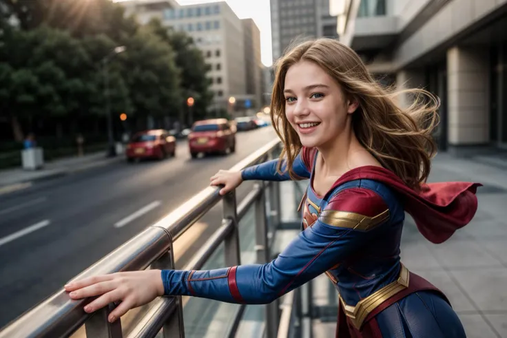 DC s,photo of a 18 year old girl,supergirl,happy,laughing,leaning against the handrail,looking at viewer,ray tracing,detail shadow,shot on Fujifilm X-T4,85mm f1.2,sharp focus,depth of field,blurry background,blurry foreground,bokeh,lens flare,motion blur,<lora:add_detail:1>,