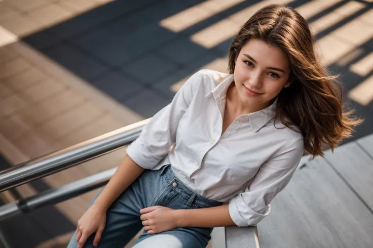 full body,from above,photo of a 18 year old girl,happy,leaning against the handrail,shirt,pants,ray tracing,detail shadow,shot on Fujifilm X-T4,85mm f1.2,sharp focus,depth of field,blurry background,blurry foreground,bokeh,lens flare,motion blur,<lora:add_detail:1>,