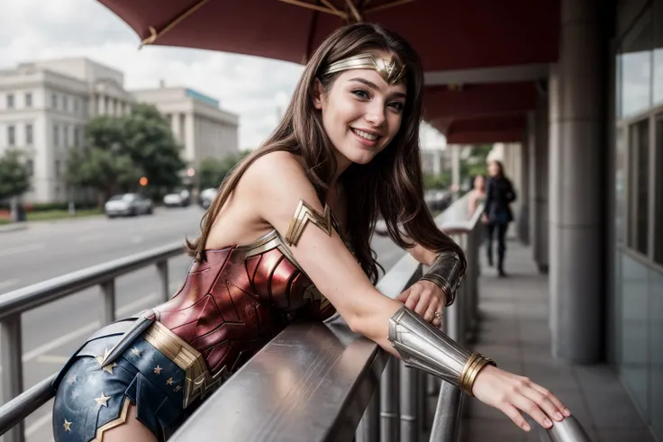 DC s,photo of a 25 year old girl,wonder woman,happy,laughing,leaning against the handrail,looking at viewer,ray tracing,detail shadow,shot on Fujifilm X-T4,85mm f1.2,sharp focus,depth of field,blurry background,blurry foreground,bokeh,lens flare,motion blur,<lora:add_detail:1>,
