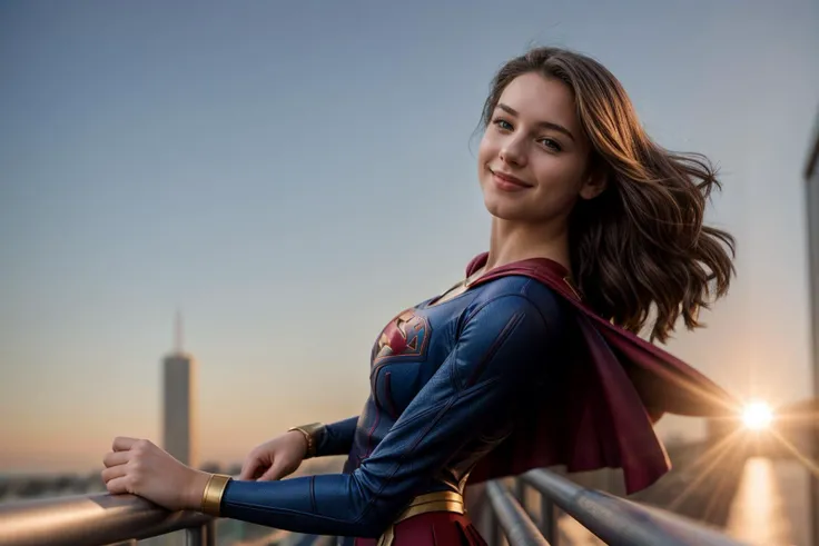 DC s,photo of a 18 year old girl,supergirl,happy,leaning against the handrail,ray tracing,detail shadow,shot on Fujifilm X-T4,85mm f1.2,sharp focus,depth of field,blurry background,bokeh,motion blur,<lora:add_detail:1>,