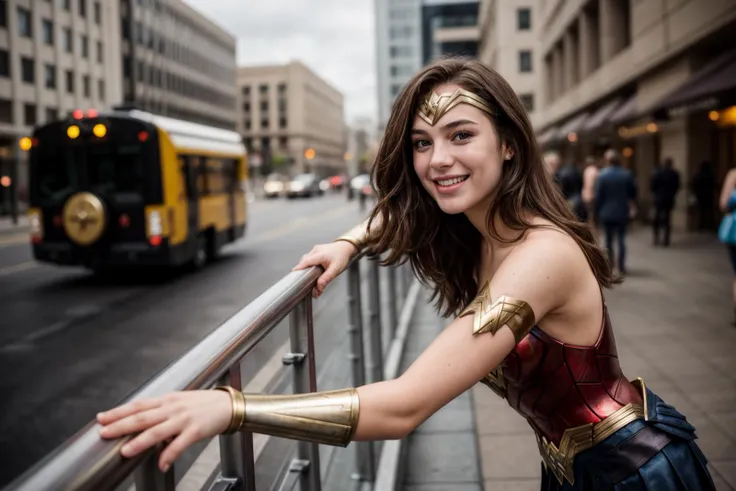 DC s,photo of a 18 year old girl,wonder woman,happy,laughing,leaning against the handrail,looking at viewer,ray tracing,detail shadow,shot on Fujifilm X-T4,85mm f1.2,sharp focus,depth of field,blurry background,blurry foreground,bokeh,lens flare,motion blur,<lora:add_detail:1>,