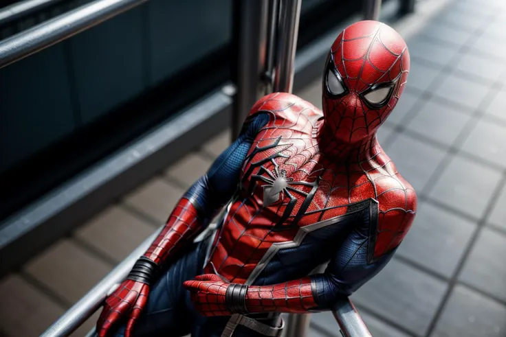 Marvel s,full body,from above,photo of spiderman,happy,leaning against the handrail,ray tracing,detail shadow,shot on Fujifilm X-T4,85mm f1.2,sharp focus,depth of field,blurry background,blurry foreground,bokeh,lens flare,motion blur,<lora:add_detail:1>,
