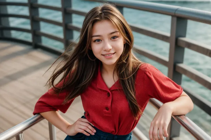 2000s,full body,from above,photo of a 18 year old girl,happy,laughing,leaning against the handrail,looking at viewer,ray tracing,detail shadow,shot on Fujifilm X-T4,85mm f1.2,sharp focus,depth of field,blurry background,blurry foreground,bokeh,lens flare,motion blur,<lora:add_detail:1>,