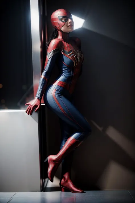Marvel s,full body,photo of a 18 year old girl,spiderman,leaning against the handrail,happy,looking at viewer,ray tracing,detail shadow,shot on Fujifilm X-T4,85mm f1.2,sharp focus,depth of field,blurry background,blurry foreground,bokeh,lens flare,motion blur,<lora:add_detail:1>,