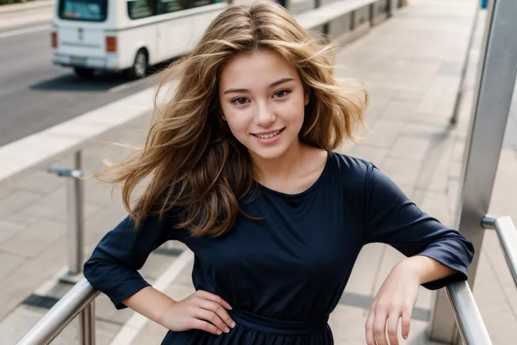 1980s,full body,from above,photo of a 18 year old girl,happy,laughing,leaning against the handrail,looking at viewer,ray tracing,detail shadow,shot on Fujifilm X-T4,85mm f1.2,sharp focus,depth of field,blurry background,blurry foreground,bokeh,lens flare,motion blur,<lora:add_detail:1>,