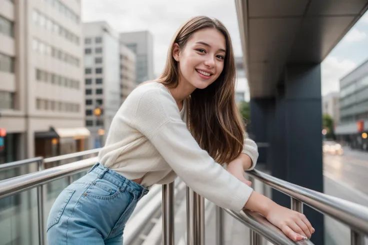 photo of a 25 year old girl,happy,laughing,leaning against the handrail,looking at viewer,ray tracing,detail shadow,shot on Fujifilm X-T4,85mm f1.2,sharp focus,depth of field,blurry background,blurry foreground,bokeh,lens flare,motion blur,<lora:add_detail:1>,