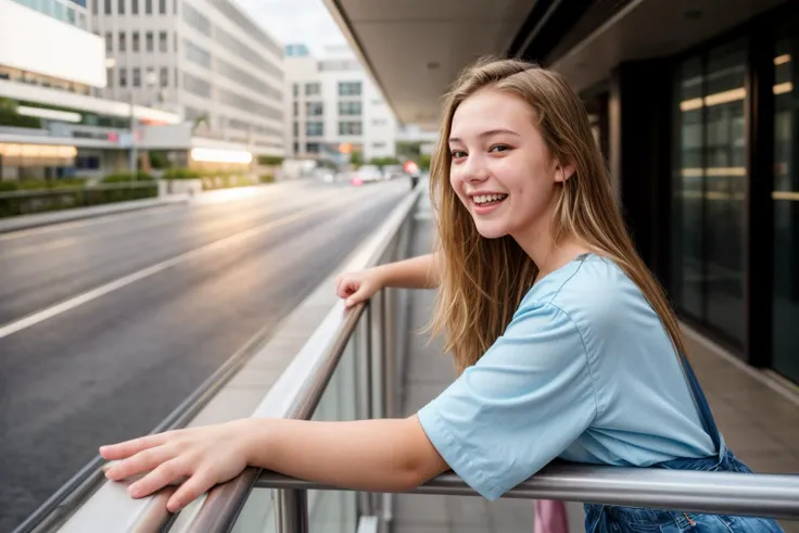 photo of a 18 year old girl,happy,laughing,leaning against the handrail,looking at viewer,ray tracing,detail shadow,shot on Fujifilm X-T4,85mm f1.2,sharp focus,depth of field,blurry background,blurry foreground,bokeh,lens flare,motion blur,<lora:add_detail:1>,