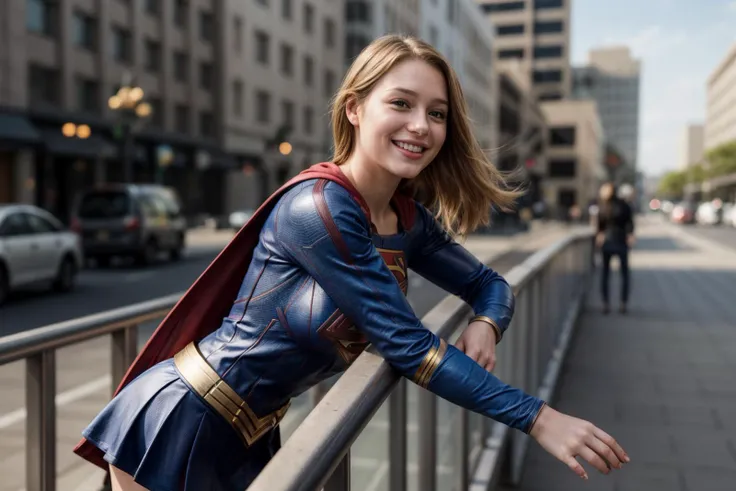 DC s,photo of a 25 year old girl,supergirl,happy,laughing,leaning against the handrail,looking at viewer,ray tracing,detail shadow,shot on Fujifilm X-T4,85mm f1.2,sharp focus,depth of field,blurry background,blurry foreground,bokeh,lens flare,motion blur,<lora:add_detail:1>,