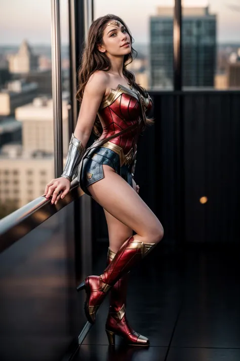 DC s,full body,photo of a 18 year old girl,wonder woman,leaning against the handrail,happy,looking at viewer,ray tracing,detail shadow,shot on Fujifilm X-T4,85mm f1.2,sharp focus,depth of field,blurry background,blurry foreground,bokeh,lens flare,motion blur,<lora:add_detail:1>,