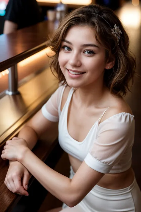 1980s,full body,from above,photo of a 18 year old girl,happy,laughing,leaning against the Bar counter,looking at viewer,ray tracing,detail shadow,shot on Fujifilm X-T4,85mm f1.2,sharp focus,depth of field,blurry background,blurry foreground,bokeh,lens flare,motion blur,<lora:add_detail:1>,
