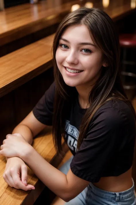full body,from above,photo of a 18 year old girl,happy,laughing,leaning against the Bar counter,looking at viewer,ray tracing,detail shadow,shot on Fujifilm X-T4,85mm f1.2,sharp focus,depth of field,blurry background,blurry foreground,bokeh,lens flare,motion blur,<lora:add_detail:1>,