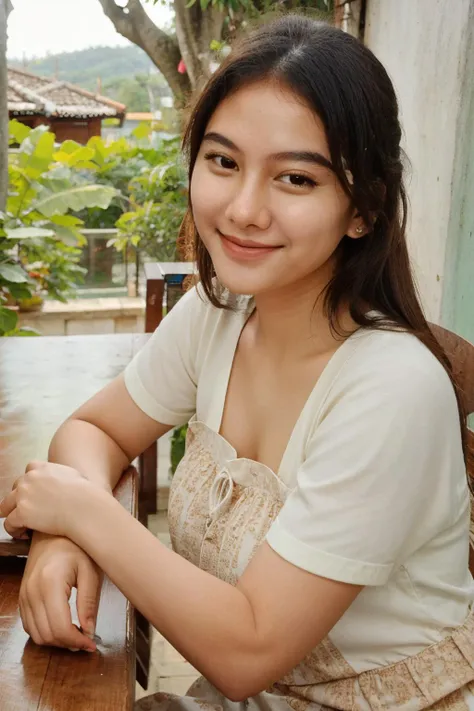 <lora:Project_Gigi-09:1> anggia, smile, extremely detailed face, leaning against table
