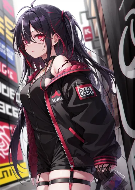 best quality, intricate details, chromatic aberration, 1girl, long hair, black hair, messy hair, red highlights, hair over one eye, red eyes, sharp eyes, choker, neon shirt, torn legwear, open jacket, against wall, brick wall, graffiti, dim lighting, alley
<lora:artistYimao_v10:0.6>